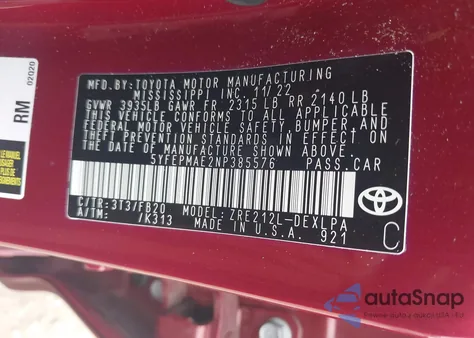 2022 Toyota Corolla Le from USA, damaged, VIN 5YFEPMAE2NP385576